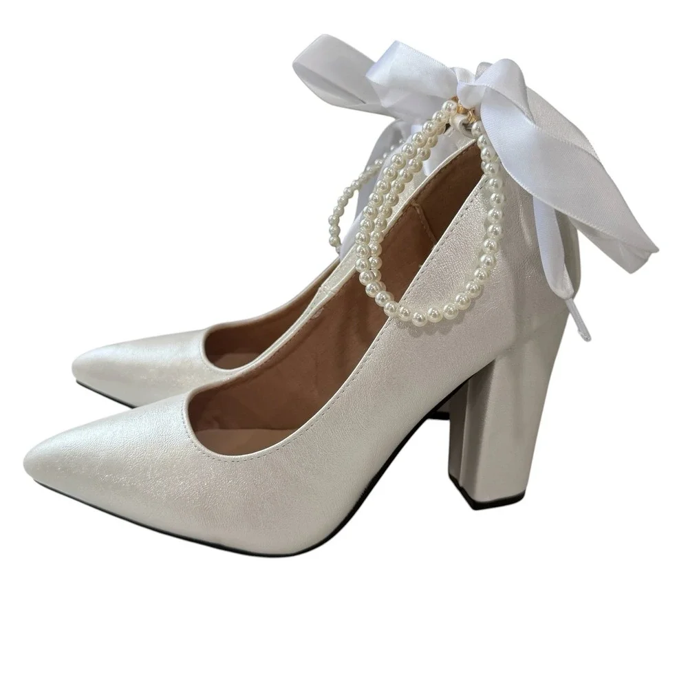 Bridal Pearl Bow Block Heel Pumps Ivory Shimmer Pointed Toe Wedding Shoes SZ 38